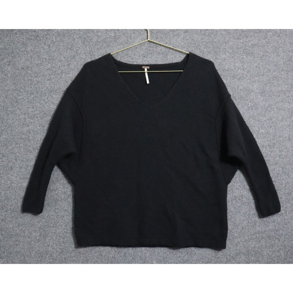 Free People Sweater Women Small Black Softly Tee Pullover V Neck Wool Blend BOHO